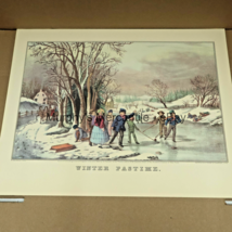Winter Pastime Kids Ice Skating 1950s Currier Ives Lithograph Reprint 12x15in - £14.48 GBP