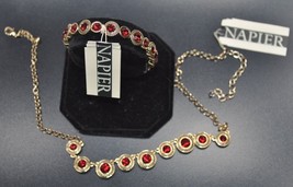 NEW Napier Gold Tone w/ Siam Red Crystal Necklace &amp; Stretch Bracelet Set - £26.50 GBP