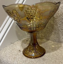 Vintage Amber Marigold Carnival Glass Compote Pedestal Bowl Grapes Leaves - £10.83 GBP