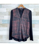 Rock &amp; Republic Mixed Media Popover Shirt Brown Black Roll Tab Sleeve Wo... - $19.79
