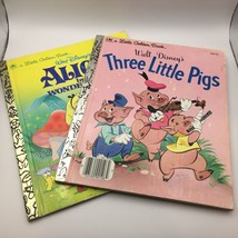 Vintage Little Golden Book Lot 2 Disney Three Little Pigs Alice In Wonderland - $19.99