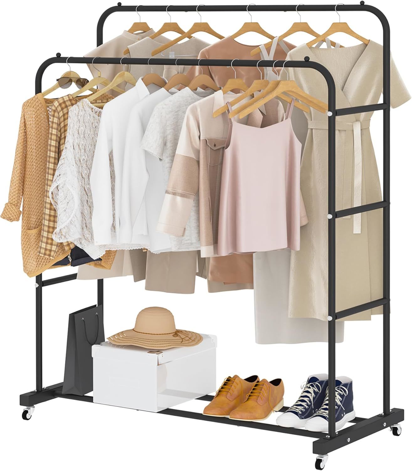 Laiensia Double Rods Clothing Rack With Wheels, Garment Rack For Hanging... - $46.95