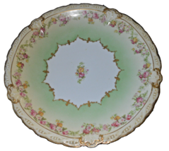 Gorgeous Antique Green, Pink &amp; Gold Serving Dish, 14” D, LS &amp; S Limoges,... - £39.32 GBP