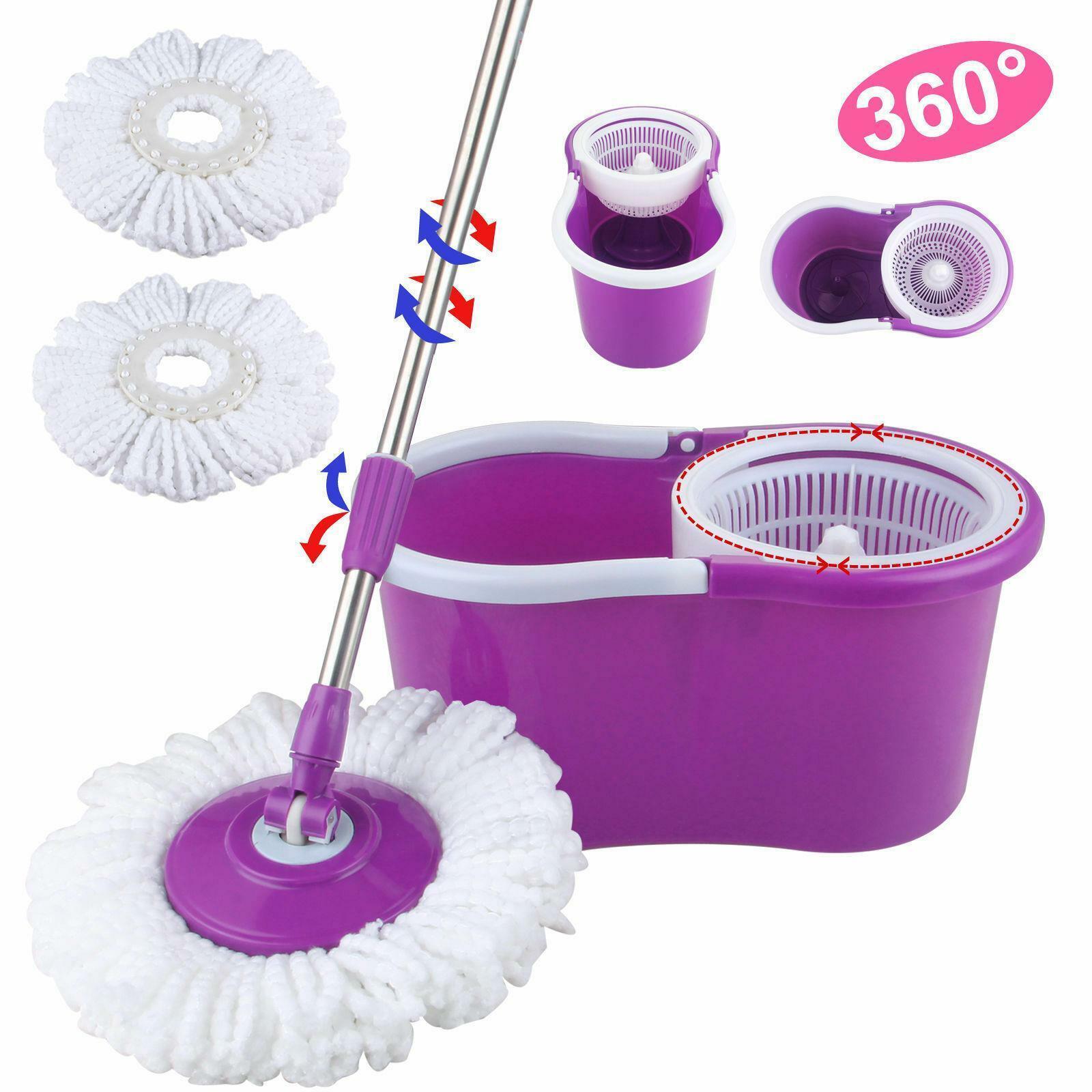 Microfiber Spinning Magic Floor Mop With Bucket 2 Head 360 Rotating Purple - £39.33 GBP