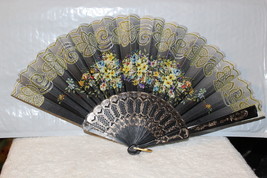 FAN ( SMALL HAND TYPE FAN ) WITH FLOWERS FLOWER BLACK D1 - £6.32 GBP