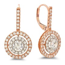 2CT Simulated Diamond Halo DropDangle Leverback Earrings Rose Gold Plated Silver - £61.02 GBP