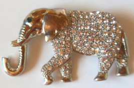 Vintage Silver-tone Pave Clear Rhinestone Elephant Brooch W/Green Rhines... - $22.76