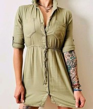 Japna Dress Size M BUTTON-UP Elastic Waist Pullstring Roll Tab Sleeves Pockets - £23.74 GBP