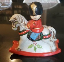 VTG Enesco 1983 Christmas Toy Soldier on Rocking Horse Bank Holly Leaves - $23.38