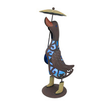 Metal Duck Holding Umbrella Blue LED Solar Light Outdoor Garden Statue Decor - £39.46 GBP