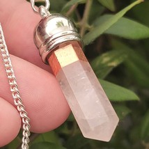 Rose Quartz Crystal Point Copper Band EMF Protection Pendulum Heart Chakra &amp; Bag - $14.95