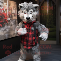 Silver Say Wolf mascot costume character dressed with a Flannel Shirt and Cummer - £1,017.34 GBP