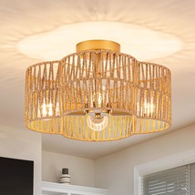 4-Light Rattan Semi Flush Mount Ceiling Light, 15&quot; Boho Light Fixture With Hand- - £91.77 GBP