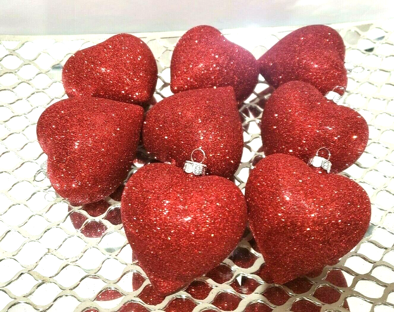 Valentines Day Glitter Red Hearts 2.5" Ornaments Decorations Decor Set of 8