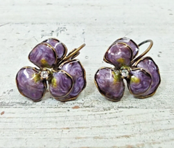 Vintage Gold Tone Enamel Rhinestone Purple Flower Violet Pansy Pierced E... - $9.03