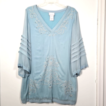 Soft Surroundings Aqua Gauzy Tunic Top M Silver Metallic Embroidered Cut... - £15.20 GBP