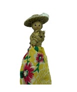 Folk Art Straw Doll with Flower Hat Wood Base Floral Skirt Painted Face - $26.51 CAD