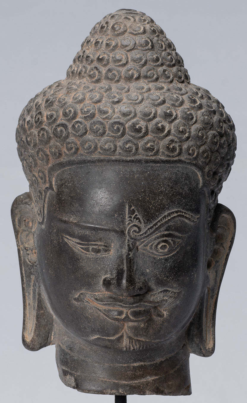 Primary image for Antique Khmer Style Black Stone Yaksha & Yakshaswaroop Shiva Head  - 31cm/12"