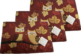 Set Of 3 Tapestry Kitchen Placemats, 13&quot; X 19&quot;, 2 Owls &amp; Leaves On Burgundy, Hc - £14.32 GBP