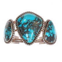 6&quot; Large c1960&#39;s Navajo sterling beaded edge turquoise cuff bracelet 3 stone - $643.50