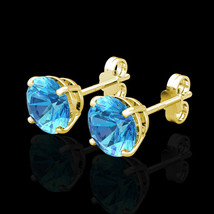 14K Real Yellow Gold 2CT Created Blue Topaz Round Solitaire Basket Stud Earrings - $111.27