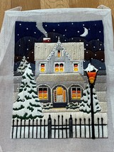 Large Needlework w Tan &amp; Gray House &amp; Mountains Snowy Night w Street Lamp Ready - $19.39