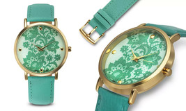 NEW Rousseau 9912 Women&#39;s Lace Collection Gold IP Case Turquoise Leather Watch - £27.65 GBP