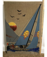 Vintage Unframed Large 36” X  24”  Screen Print Art on Canvas Boat Birds - $228.57 CAD