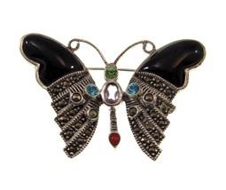 Solid 925 Sterling Silver Marcasite, Onyx, &amp; Gemstone Butterfly Pin Brooch - £43.81 GBP