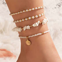 Pearl &amp; Howlite Turquoise 18K Gold-Plated Shell Stretch Anklet Set - £11.98 GBP