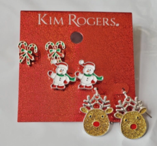 Kim Rogers 3 Pair Earrings Candy Canes Reindeer Snowman Holiday NEW - £10.65 GBP