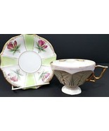 French Footed Tea Cup and Saucer Early 1900s Green Pink Gold Embellished... - $25.99 CAD
