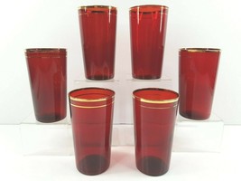6 Ruby Red Glass Tumblers Set Vintage 4 3/4&quot; Gold Trim Bands Mid Century Glasses - £39.30 GBP