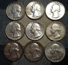 AU/BU COMPLETE SET OF 9 TYPE &quot;B&quot; 1956 - 1964 Silver Washington Quarters - $144.00