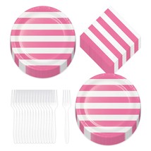 Pink Party Supplies - Polka Dots and Stripes Candy Pink Paper Dinner Pla... - £9.15 GBP