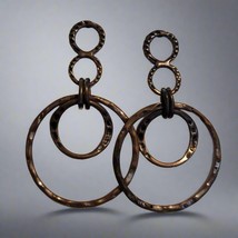 Vintage Copper Tone Hoop Earrings, Hammered Circle Dangle Statement Jewelry - $4.95
