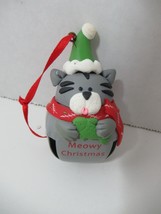 Meowy Christmas gray grey cat jingle bell ornament red scarf green Santa... - $5.19