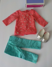 American Girl Truly Me Cool Coral Outfit Pink Tunic Blue Leggings Silver Flats - $19.79