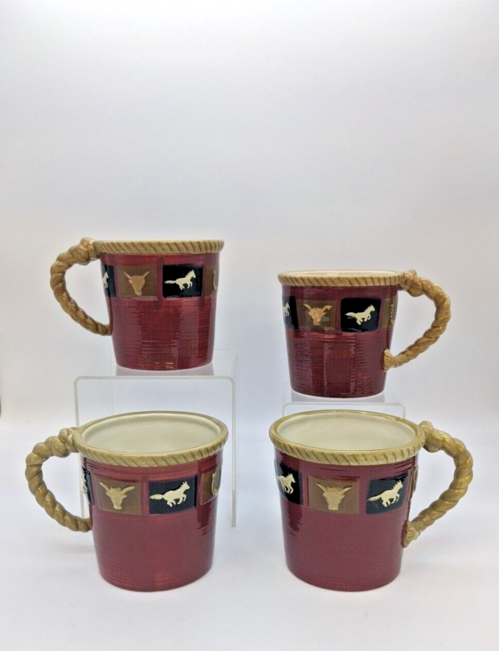 Sonoma Home Happy Trails Red 16 oz Ceramic Coffee or Tea Mugs Cups Western Horse - $36.37