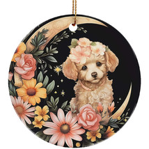 Cute Poodle Puppy Dog Moon &amp; Flower Christmas Ornament Ceramic Gift Decor - £11.83 GBP