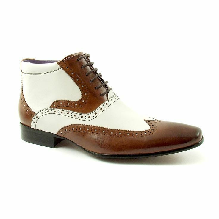 Men Two Tone Brown White High Ankle Wing Tip Burnished Toe Leather Boots US 7-16