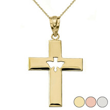 14K Solid Gold Religious Cross With Cut-Out Holy Spirit Dove Pendant Necklace - £143.78 GBP+