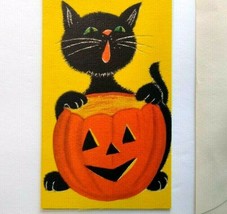 Halloween Greeting Card Vintage Party Invite Black Cat &amp; Pumpkin Hallmark Slim  - £25.03 GBP