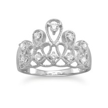 Tiara Princess Crown Simulated Diamond Ring 14k white Gold Finish 925 Sterling - £68.49 GBP