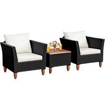 3PCS Outdoor Patio Rattan Furniture Set Wooden Table Top Cushioned Sofa White - £333.77 GBP