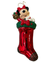 Disney Minnie Mouse Resin Blown Glass Christmas Ornament 7inch 1998 Stocking Bow - $17.81
