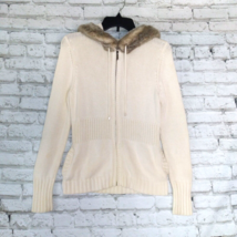 Ann Taylor Loft Sweater Womens XS Ivory Full Zip Faux Fur Hooded 100% Cotton - £18.77 GBP