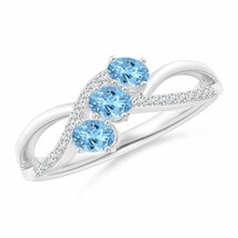 ANGARA 4x3mm Natural Aquamarine Three Stone Ring with Diamond in Sterling Silver - £329.94 GBP+