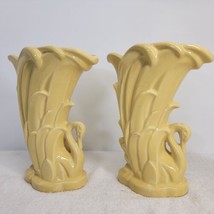 Pair Of Vintage Mc Coy Pottery Yellow Swan Vases 9&quot; Planters Mcm See Images Chips - £49.81 GBP
