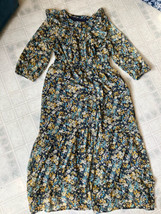 Loft Gold Blue Tan teal Floral Button Front Dress SZ medium Ruffled Yoke... - $37.45